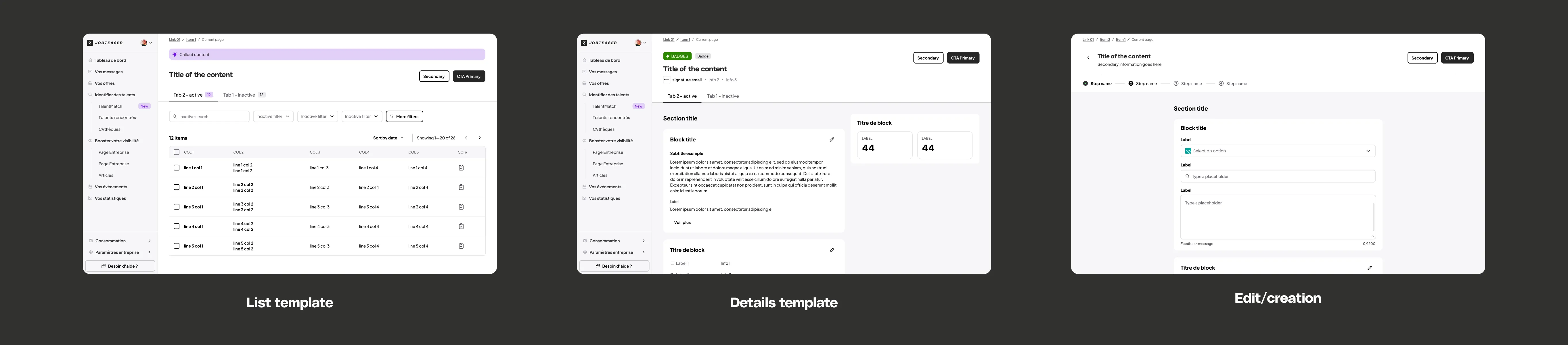 Three screens that represent 95% of the type of page a backoffice need to display