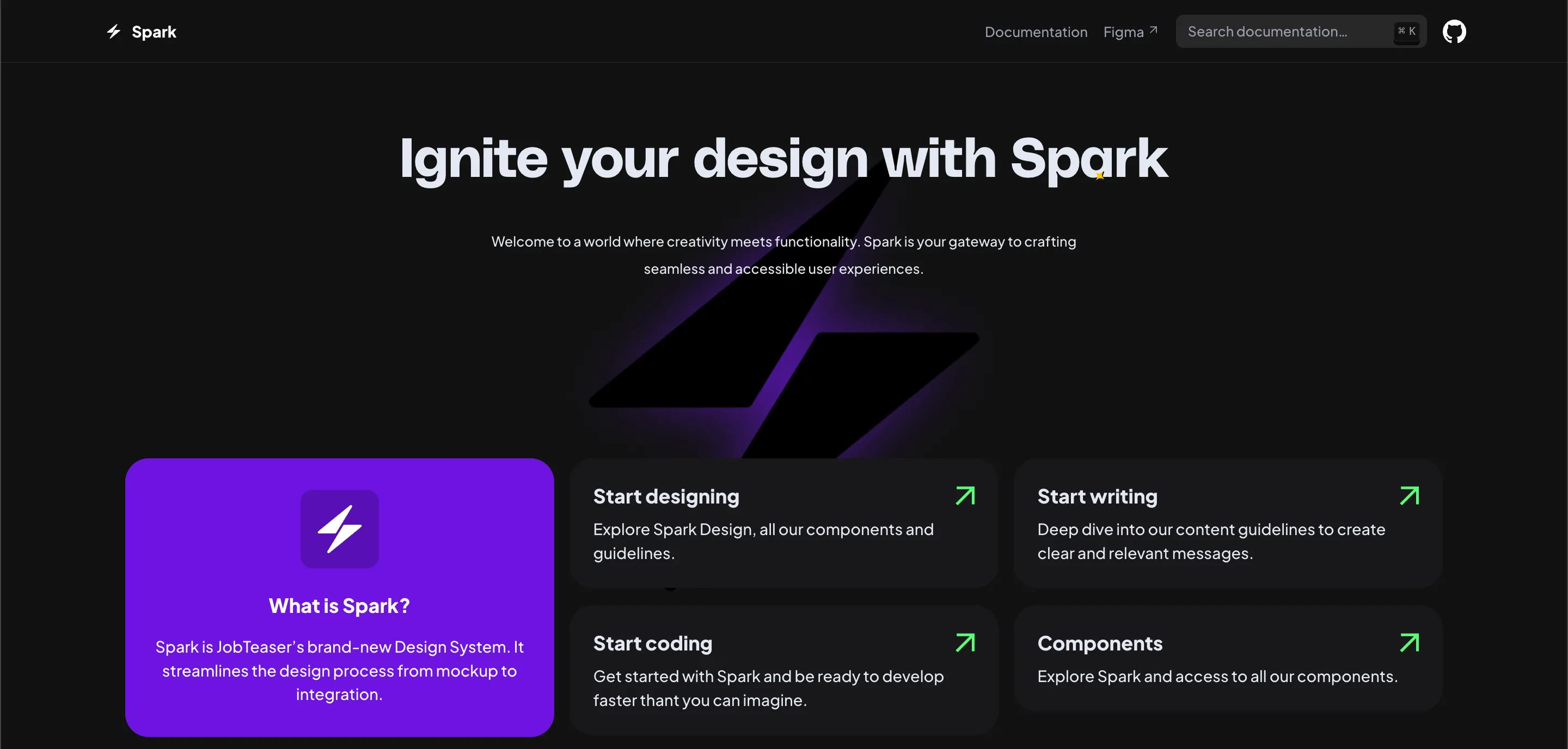 Landing page of the Spark design system website